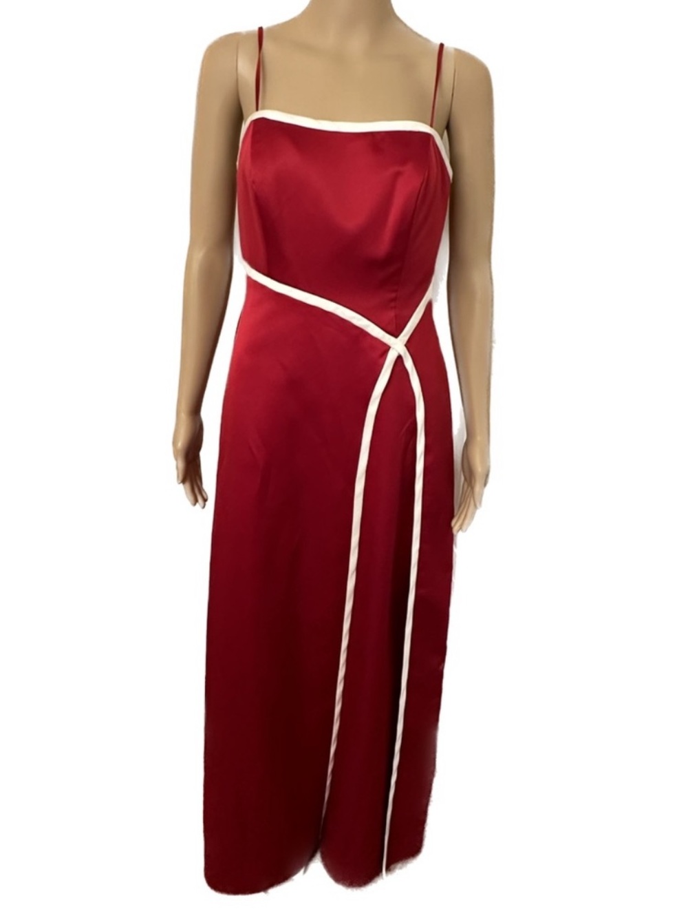 David's Bridal Red Satin Maxi Dress with Cream Piping